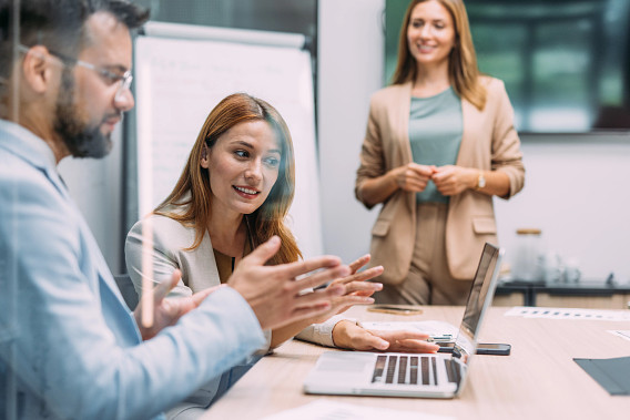 person explaining concept from laptop to colleagues
