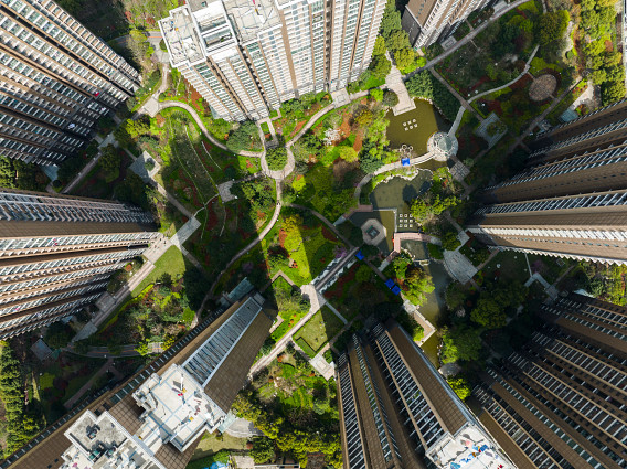 View of a green city from drone