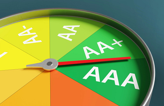 Gas gauge having indicator of financial credit ratings and having a pointer near AAA rating.