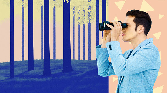 Colorful montage featuring man with binoculars peering through trees in forest