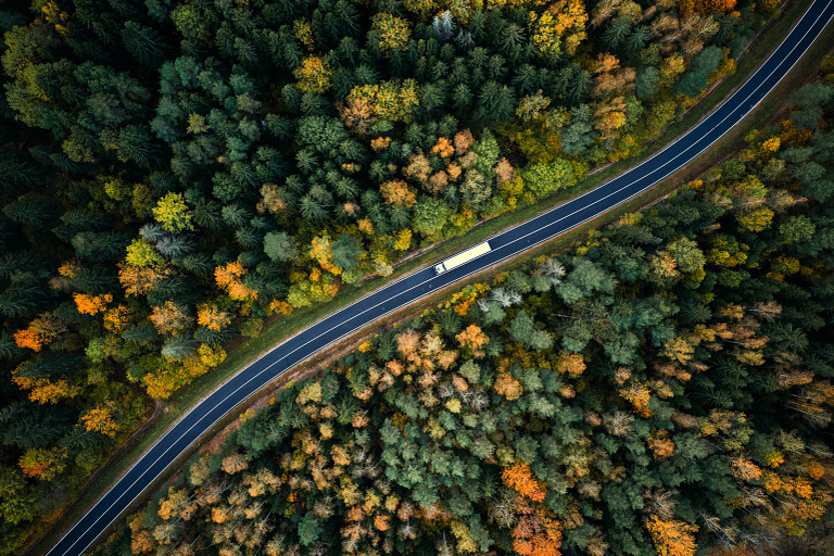 Road with lorry driving through autumn forest