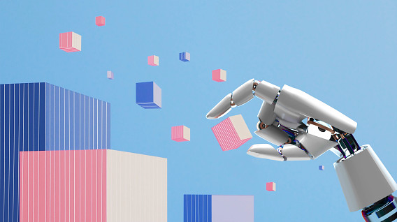 colorful montage with a robot's hand plucking a pink data cube out of the air