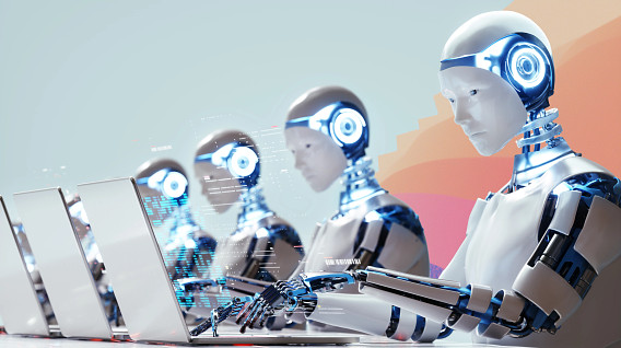 colorful montage with a row of robots staring into laptops, while electrical data sparks fly from the laptop into their minds