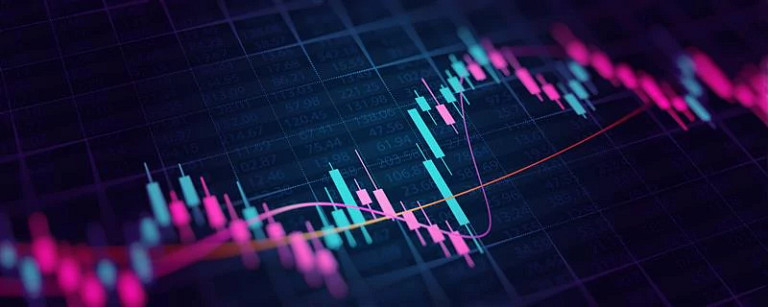 Abstract financial graph with up trend line candlestick chart in stock market on neon light color background