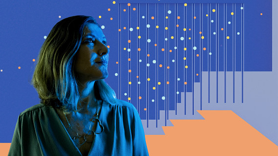 colourful montage image with a woman staring into graph lines