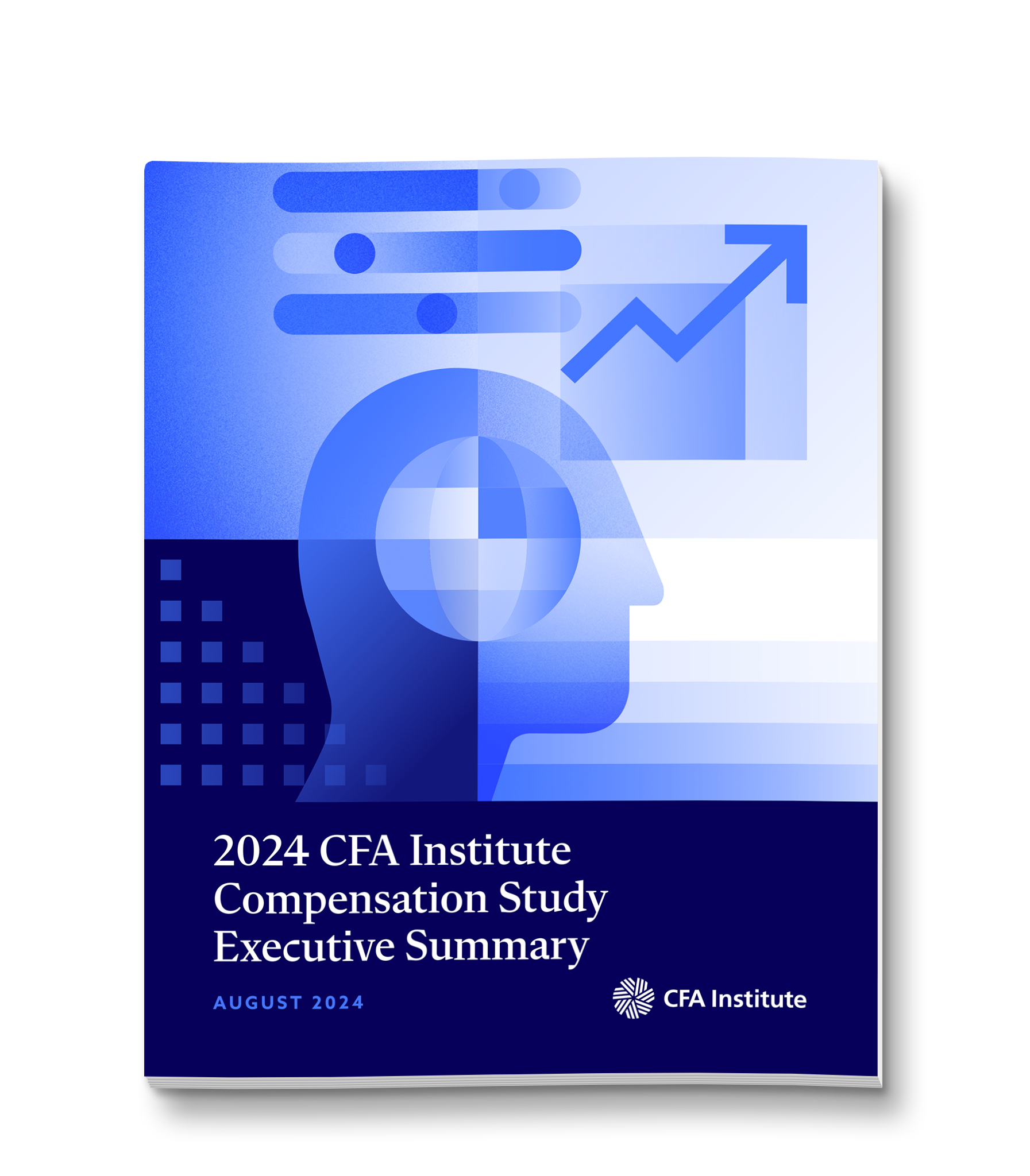 Screenshot of the cover page of the study doc, with a blue illustration of the profile of a man's face with an upwards arrow above it. Under the illustration is the title - 2024 CFA Institute Compensation Study Executive Summary, August 2024, with the CFA logo at the bottom of the page